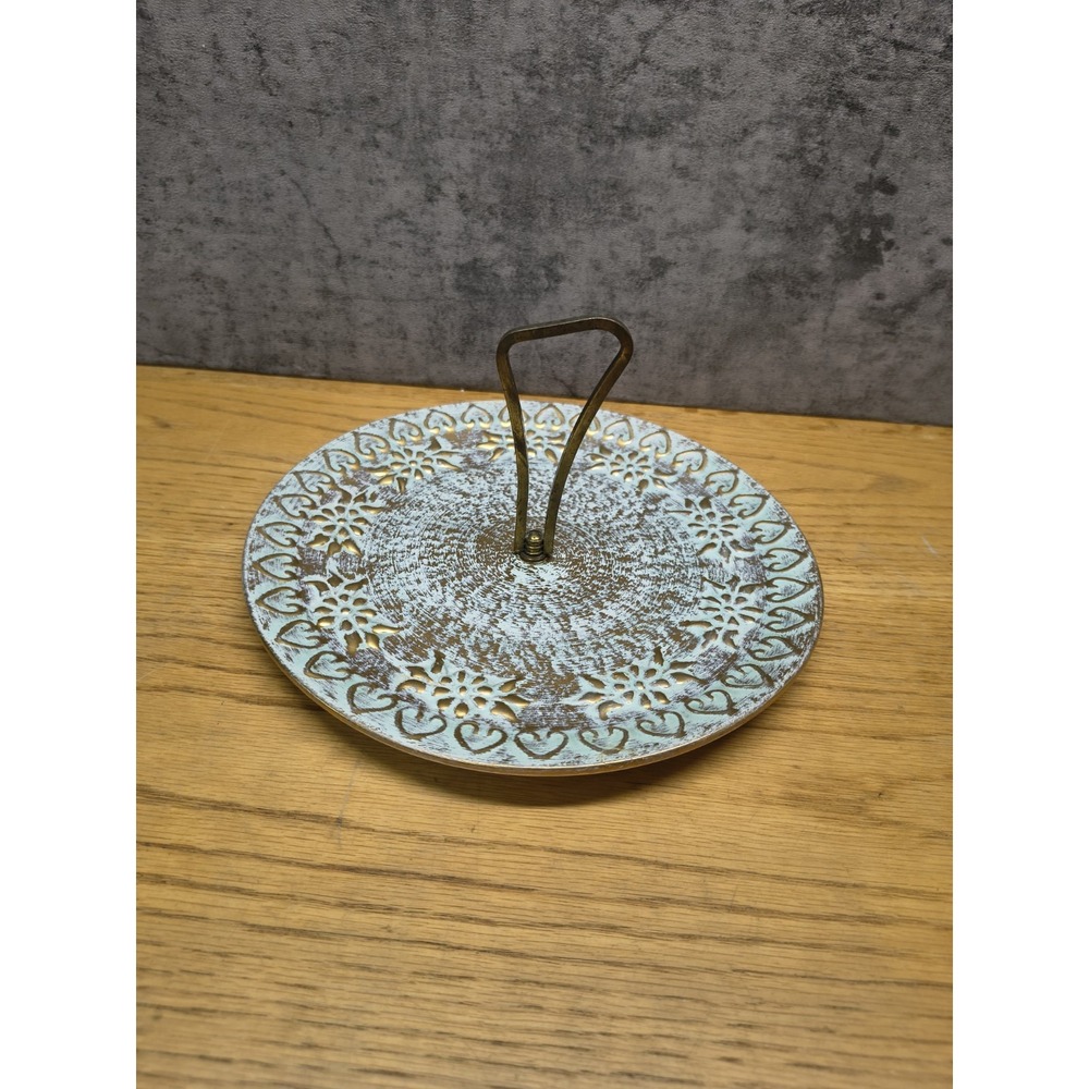 Antique Gold Stangl Pottery Plate Handle Serving Dish Teal TEA Sandwiches HTF